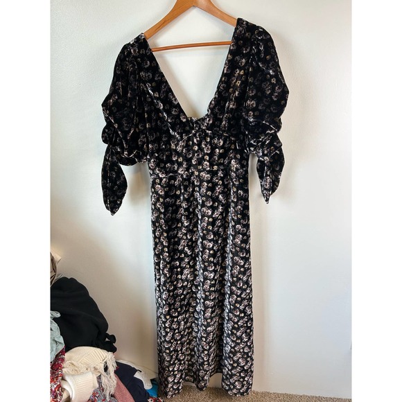 SEA Women's‎ Black Floral Valerie Velvet Back Tie Midi Dress Size 6 - Picture 5 of 7